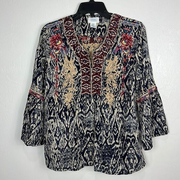 Sigrid Olsen Boho Embroidered Floral 3/4 Bell Sleeve Top Blouse Size S - Picture 1 of 8
